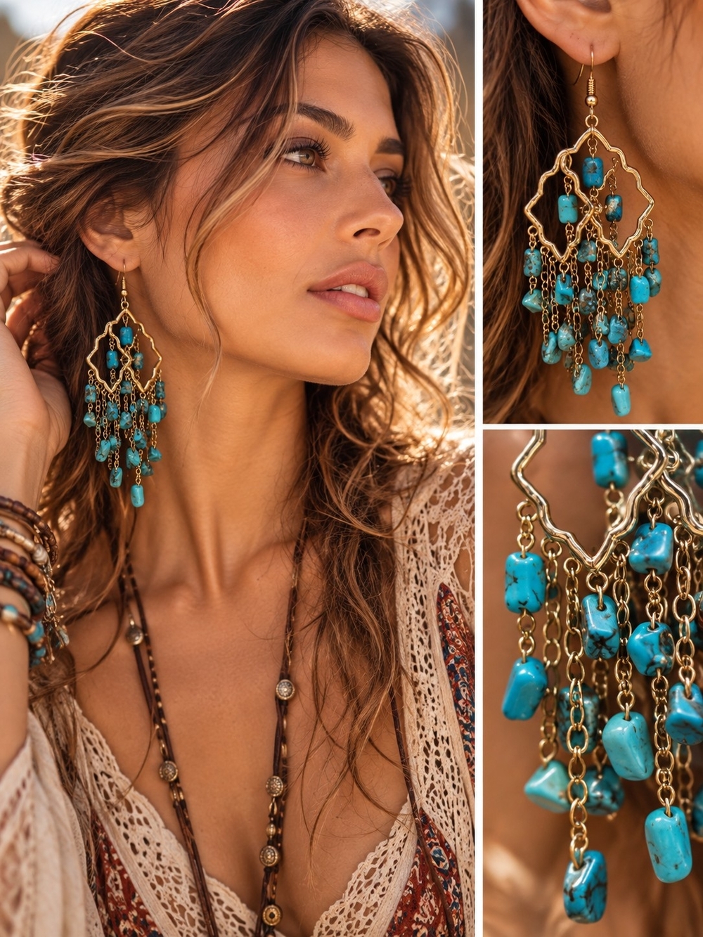 Boho Gold & Turquoise Drop Chandelier Earrings